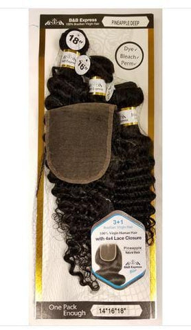 B&B EXPRESS BLUE 100% BRAZILIAN VIRGIN HAIR PINEAPPLE DEEP 14", 16", 18" W/4X4 LACE CLOSURE